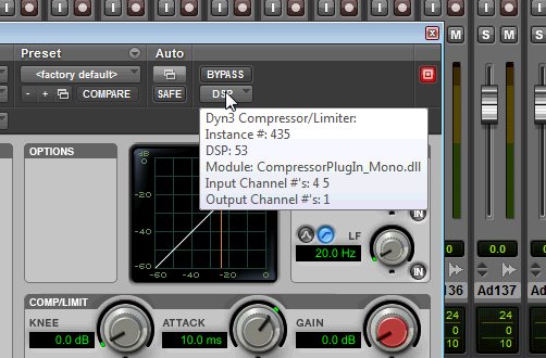 DSP tooltip in the Pro Tools plug-in window header